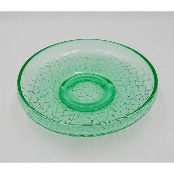 Vintage Depression Glass Bowl Green Uranium Pressed Crackle Pattern 6 1/2 Inch - Picture 3 of 6